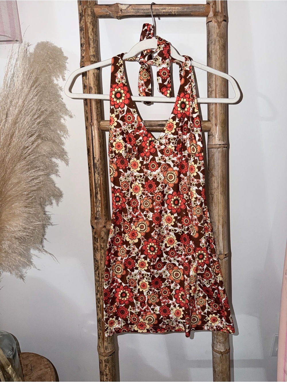 Floral Halter Mini Dress - Red Multi